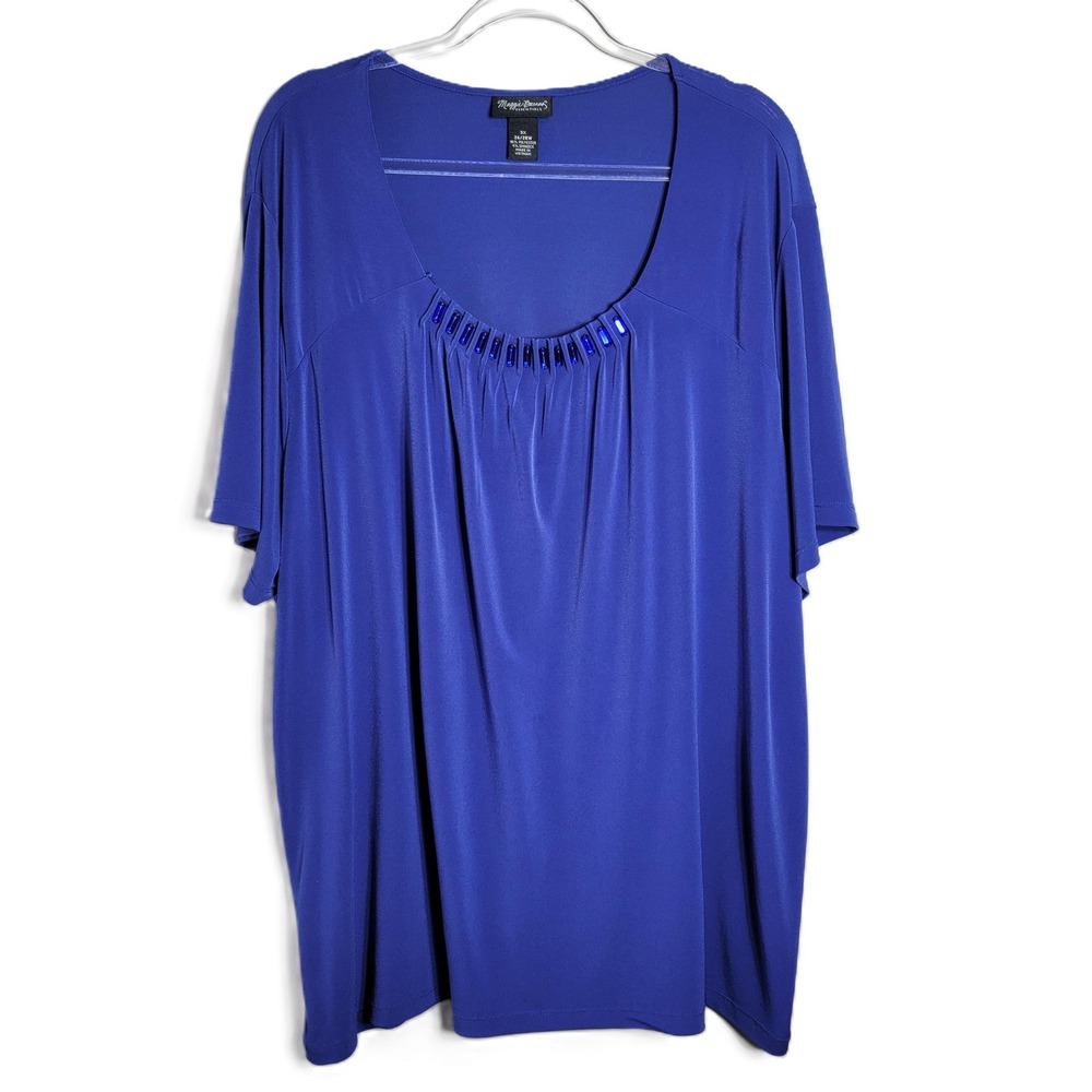 Maggie Barnes Plus Size 3X Tunic Blue Embellished Scoop Neck‎ Short Sleeve Top